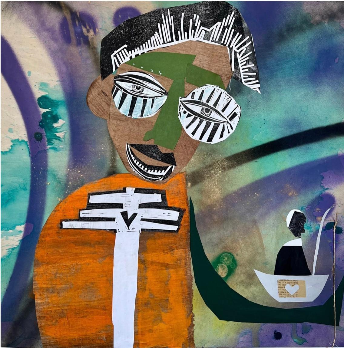 Collage of male figure with orange shirt, against spray paint background, holding a boat with a human figure fishing. Both figures have a small heart on them. 

Unique one of a kind work signed by the artist. 

ARTIST BIO 
Alice Mizrachi is a New