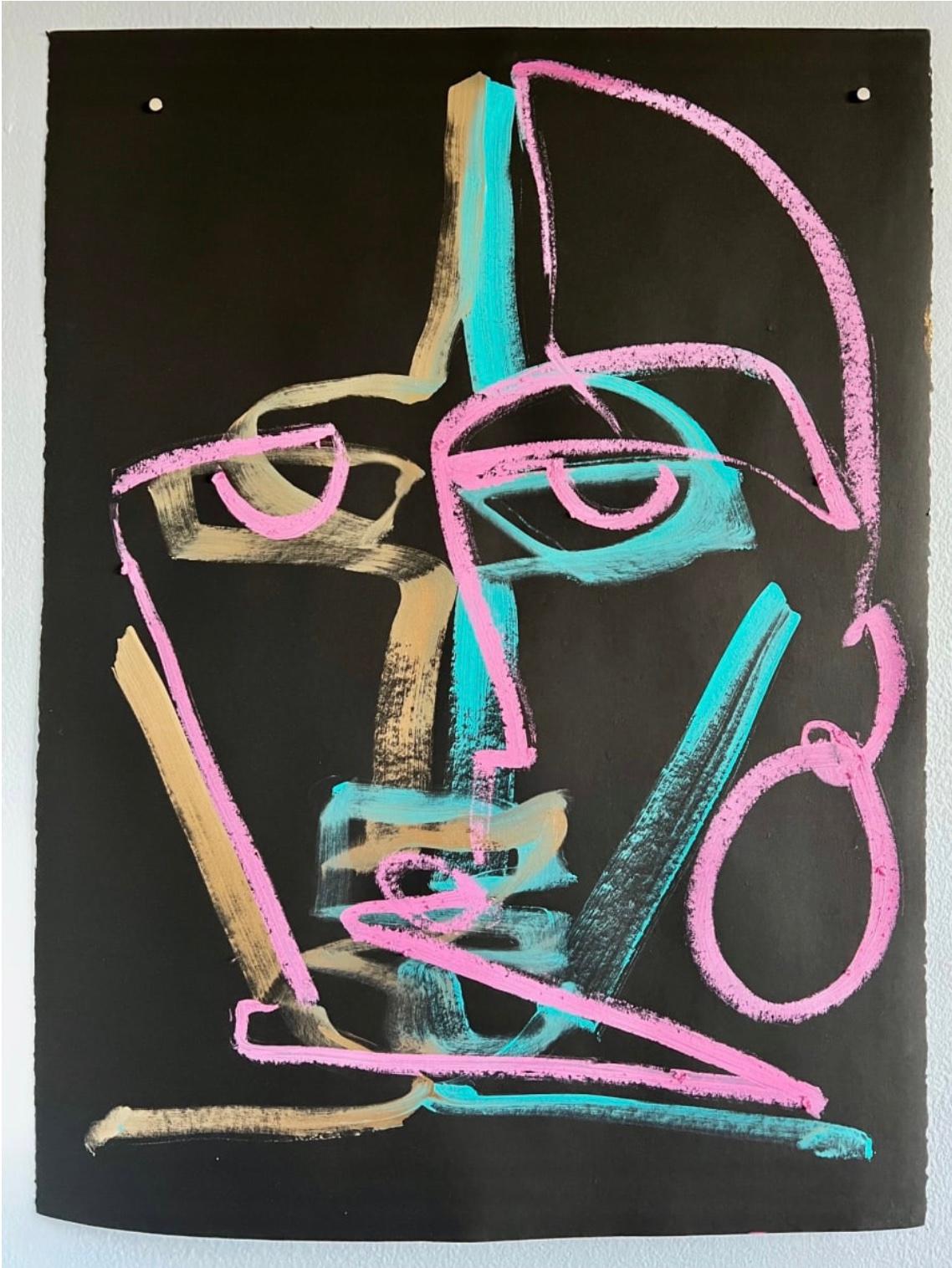 Face outline in gold, teal and pink blush strokes against black paper background. 

Unique one of a kind painting signed by the artist. 

ARTIST BIO 
Alice Mizrachi is a New York based interdisciplinary artist and educator working in the mediums of