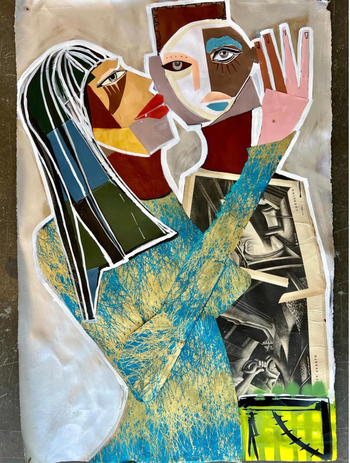 Alice Mizrachi The Kiss, collage on paper of a couple kissing by