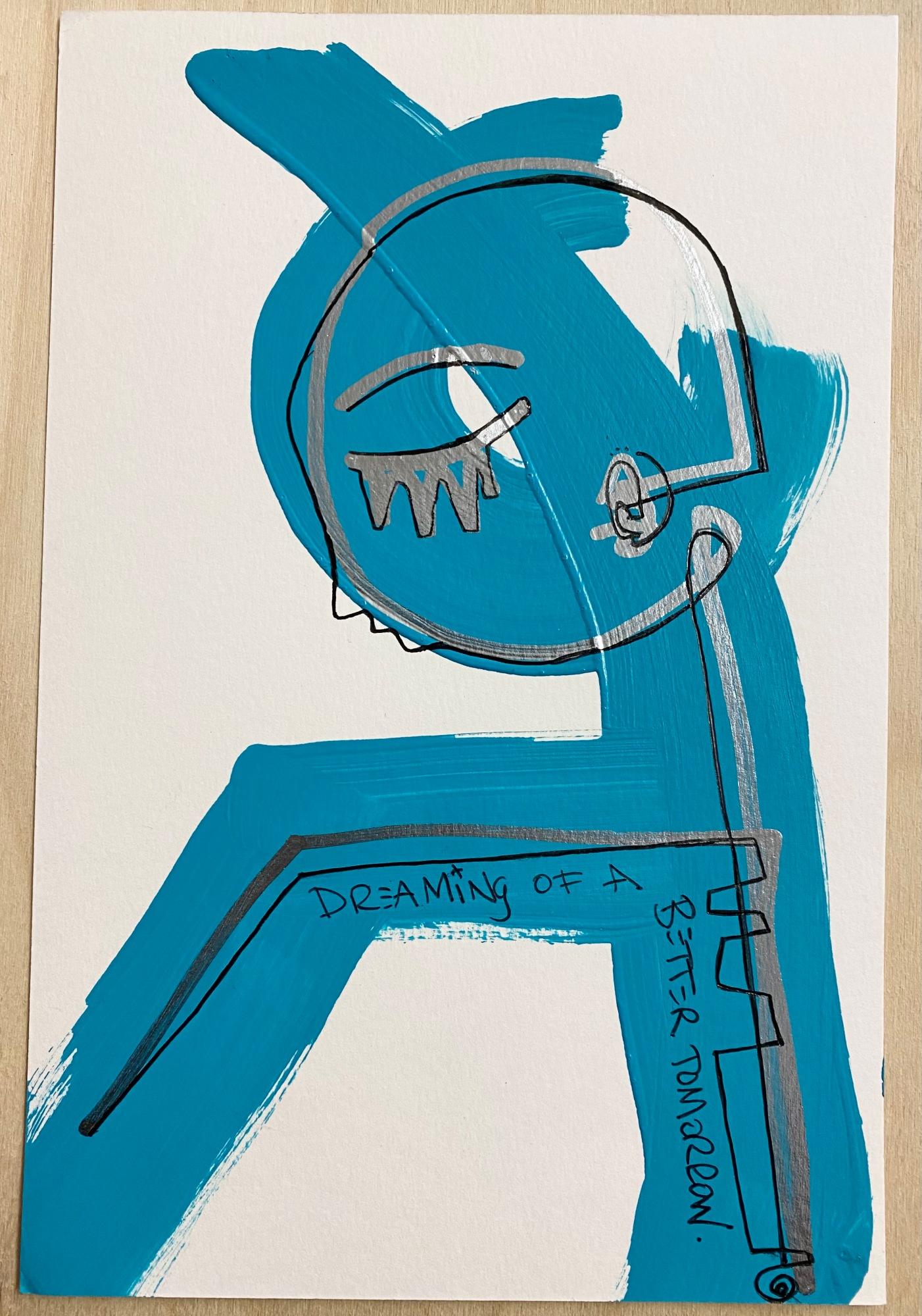 Teal brushstroke of a figure with eyes closed on watercolor paper with black and chrome line work.
Dreaming of a Better Tomorrow, acrylic, chrome on watercolor by Alice Mizrachi.  Original signed by artist.

ARTIST BIO Alice Mizrachi is a New York