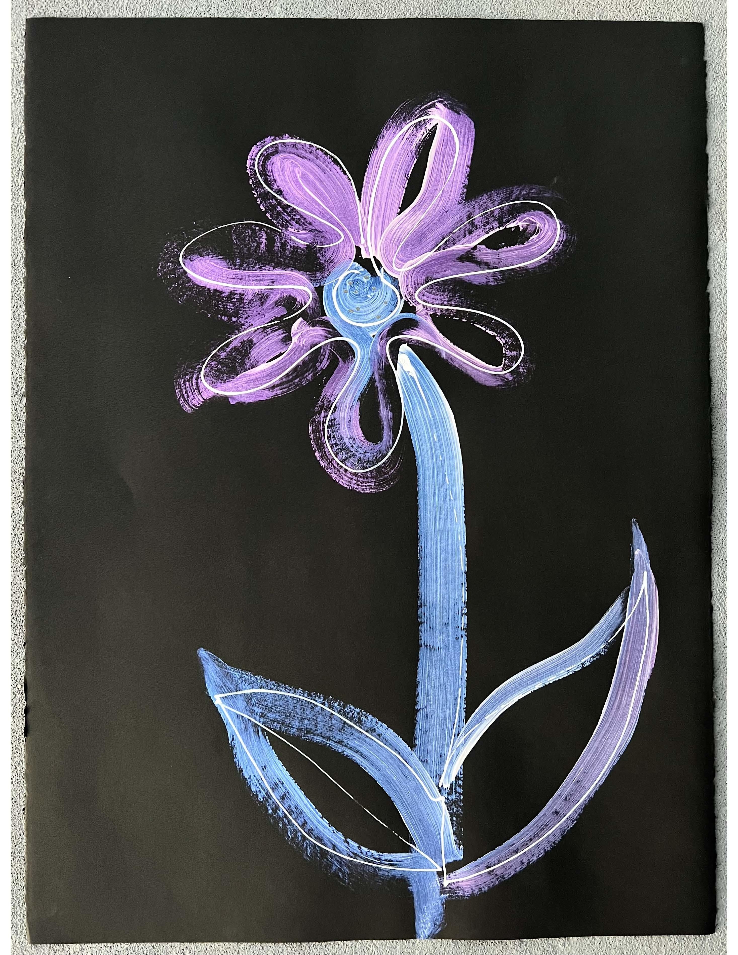 Flower image in Purple, blue and white interference paint on black Stonehenge paper.   Signed by the artist