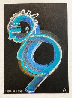 Full of Love, Teal acrylic, chrome ink on watercolor paper by Alice Mizrachi