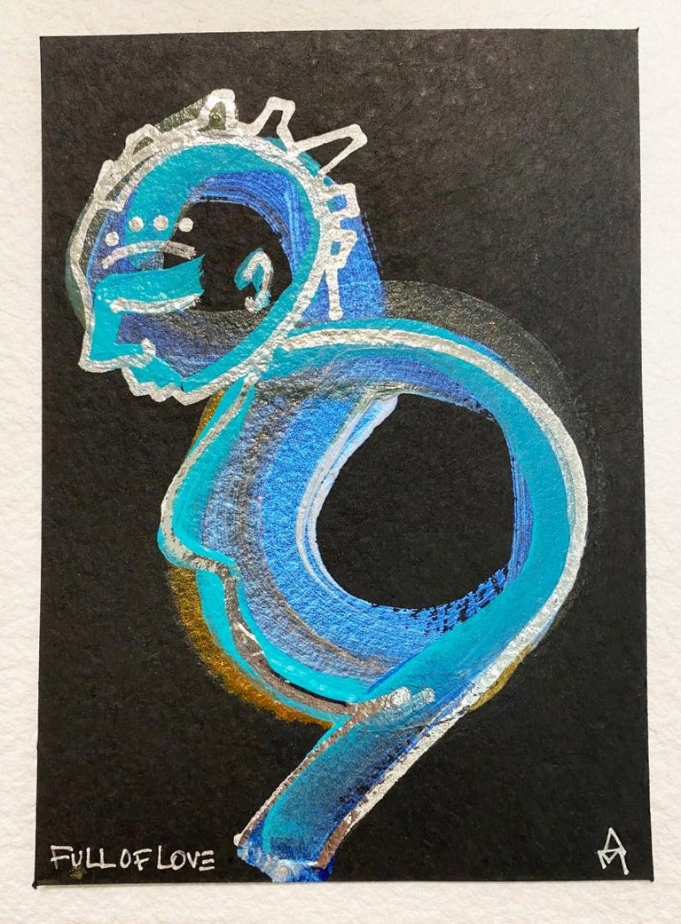 Full of Love, Teal acrylic, chrome ink on watercolor paper by Alice Mizrachi
Teal brushstroke outlines a female figure with child on black watercolor paper with interference colors and chrome line work.  Original signed by artist.

ARTIST BIO 
Alice
