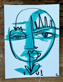 I love u! blue acrylic and black ink on white watercolor paper by Alice Mizrachi