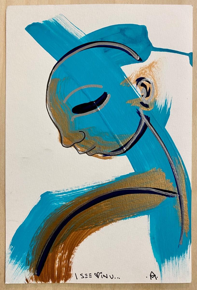 I See Love in U, Gold and Teal acrylic, chrome ink on paper by Alice Mizrachi