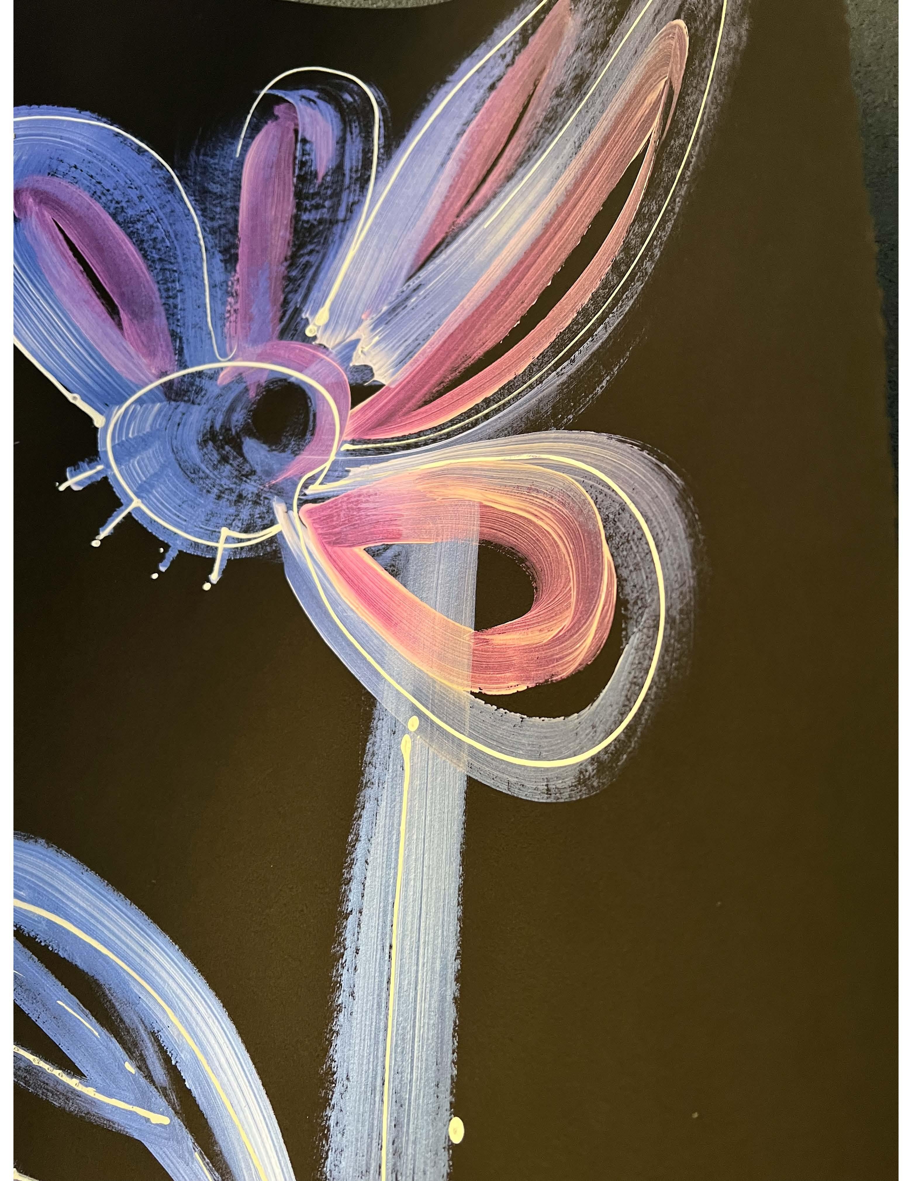 Blue, white and purple flower.  Interference paint makes it really pop in the light.  On black Archival Stonehenge Paper.  Signed by the artist.
