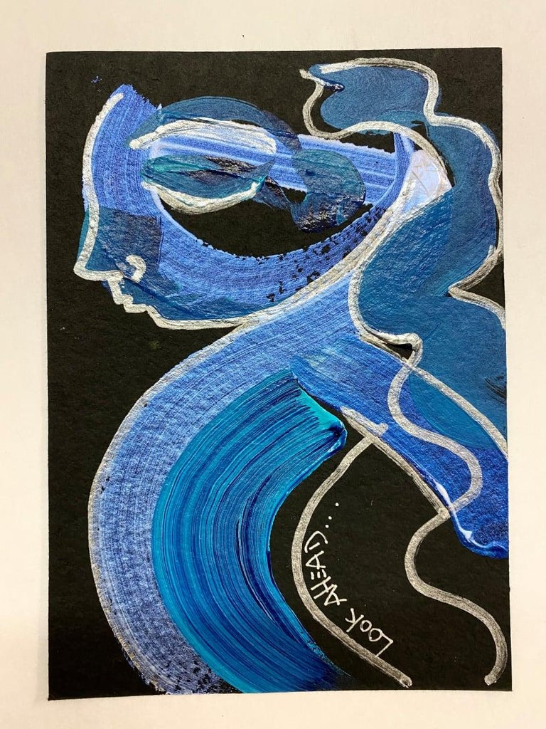 Look Ahead, acrylic & chrome ink on watercolor paper by Alice Mizrachi
Figure of a person seemingly facing ahead, painted with a singular Teal brush stroke on black watercolor paper with interference colors and chrome line work with the words "Look
