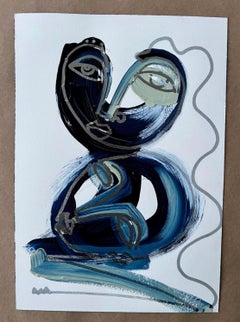 Siblings, silver and blue painting of two faces by Alice Mizrachi