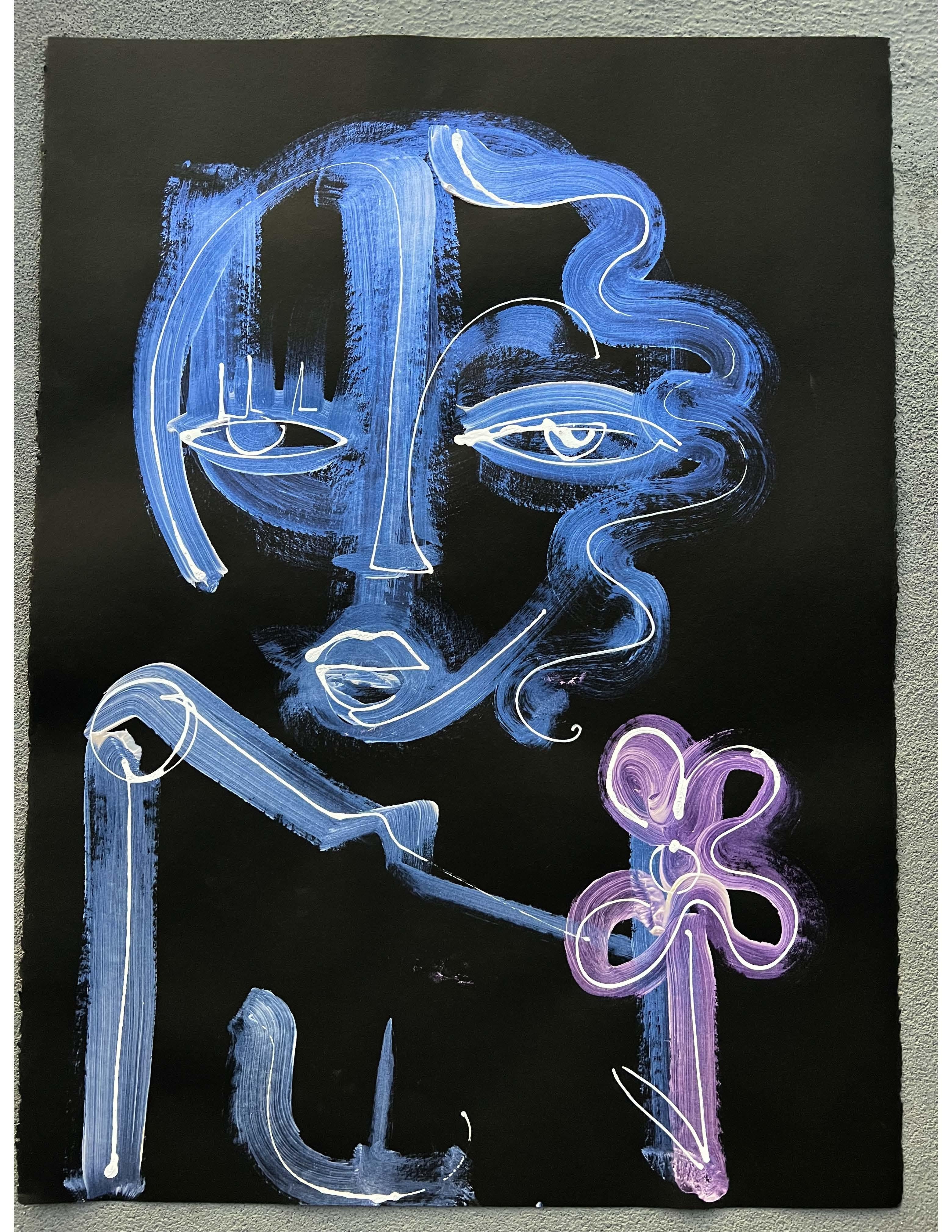 Alice Mizrachi Still-Life - Tend to Your Garden, blue, purple and white interference paint on paper