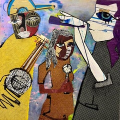 Trois musiciens Pt 2, collage de techniques mixtes sur bois d'Alice Mizrachi