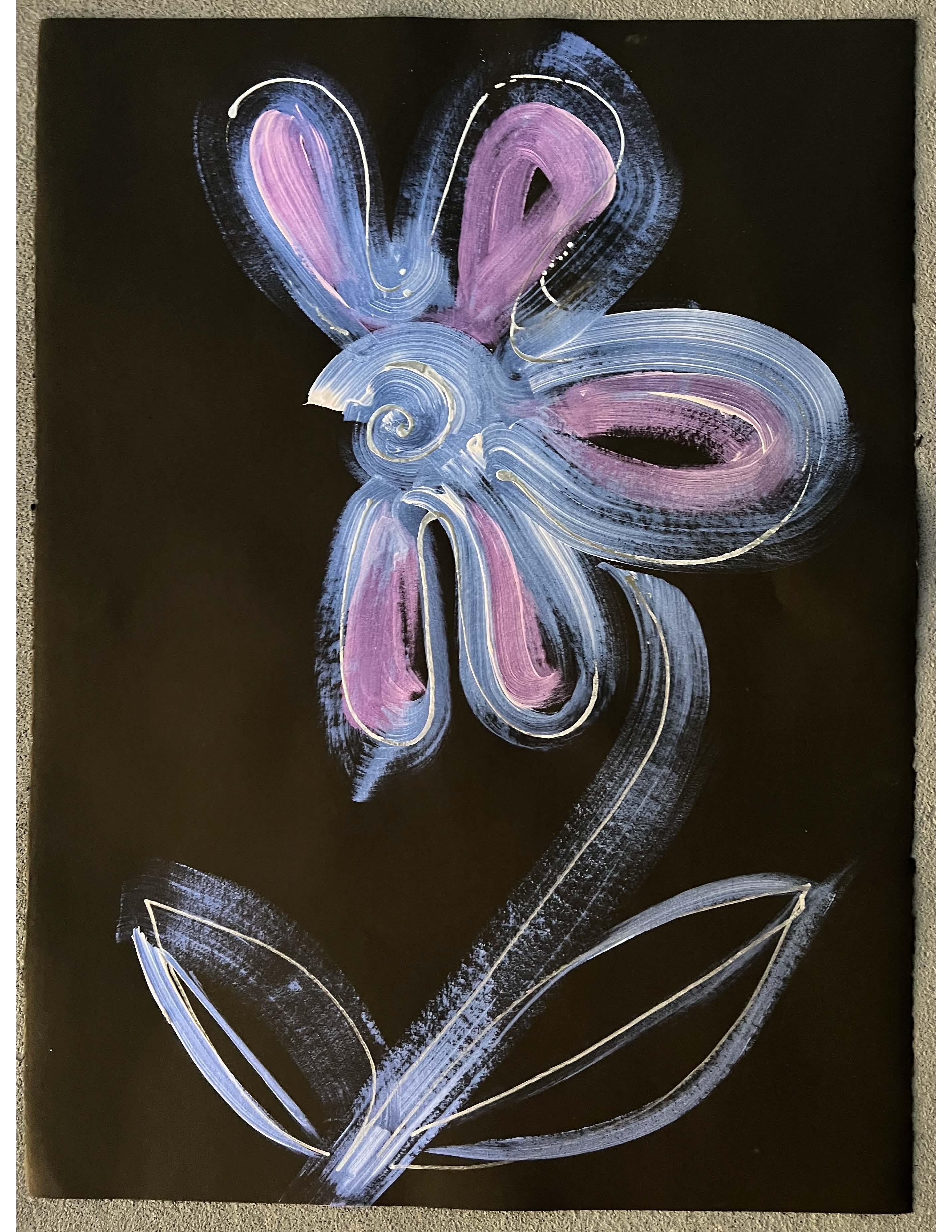 Whispers in the Wind,  purple and blue flower,  interference paint  on paper  - Art by Alice Mizrachi