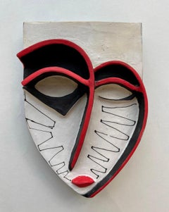 Mask 14, white, black and red heart clay mask by Alice Mizrachi