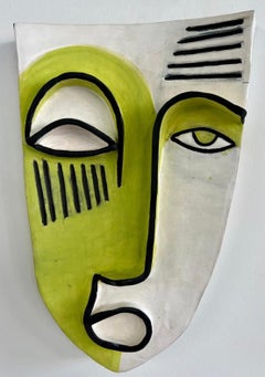 Mask 19, lime green and white abstract clay mask by Alice Mizrachi