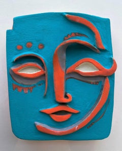 Mask 21, abstract clay mask in blue and orange by Alice Mizrachi