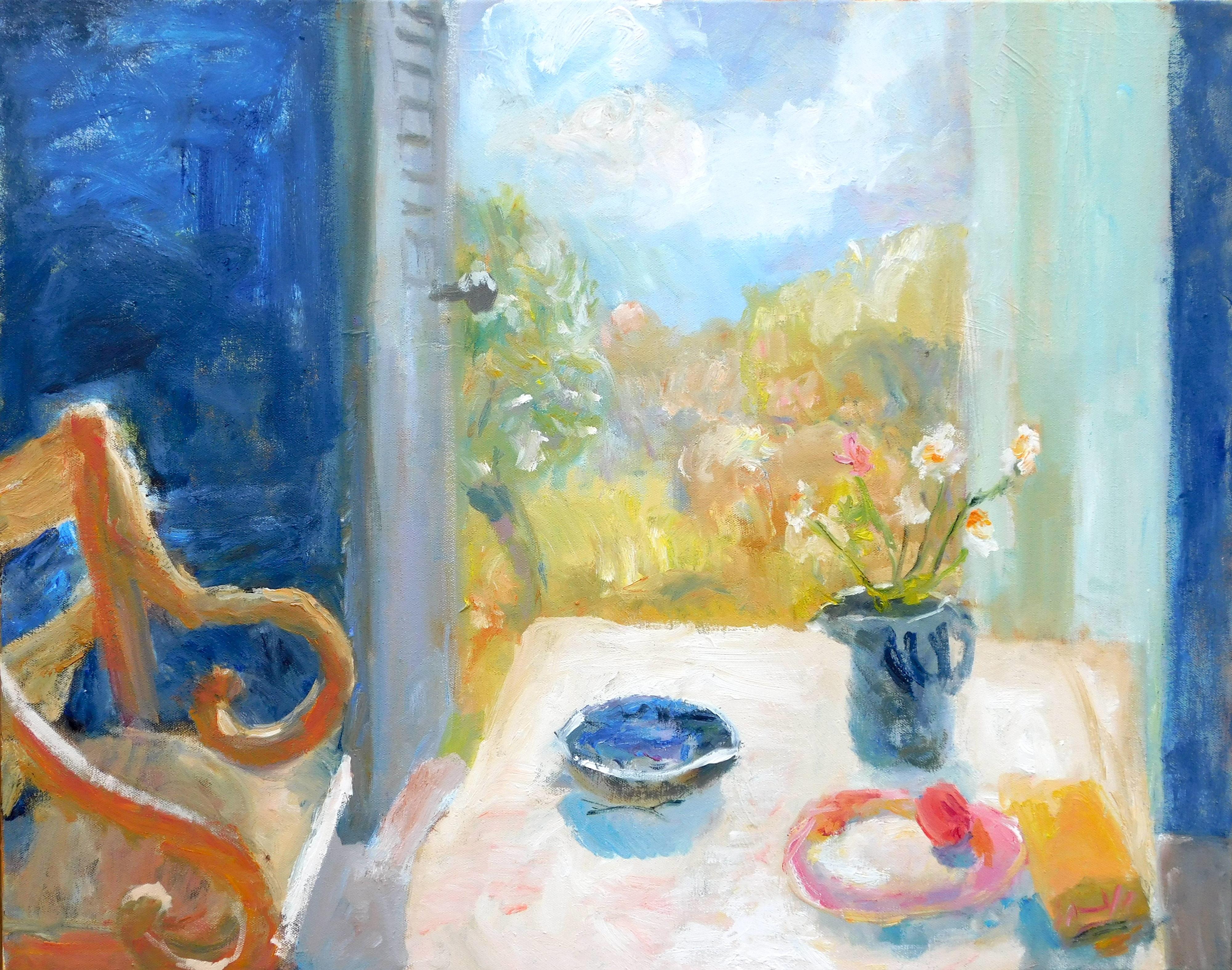 Alice Mumford Interior Painting - Indigo to Apricot.  Contemporary Still Life Oil Painting