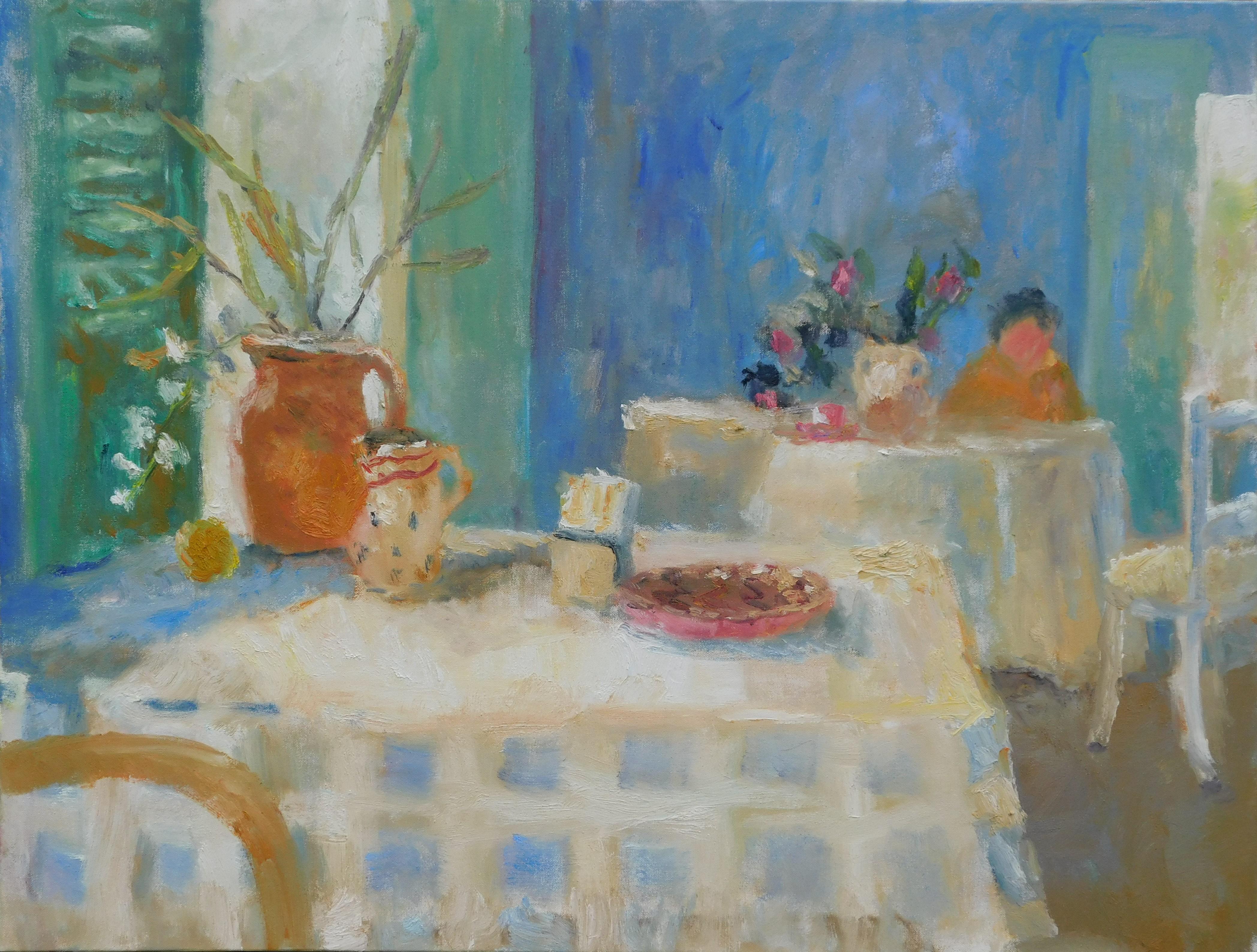 Alice Mumford Still-Life Painting - Reading Quietly.  Contemporary Still Life Oil Painting