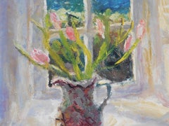 Seaward Window and Gingham Curtains. Contemporary Still Life Oil Painting