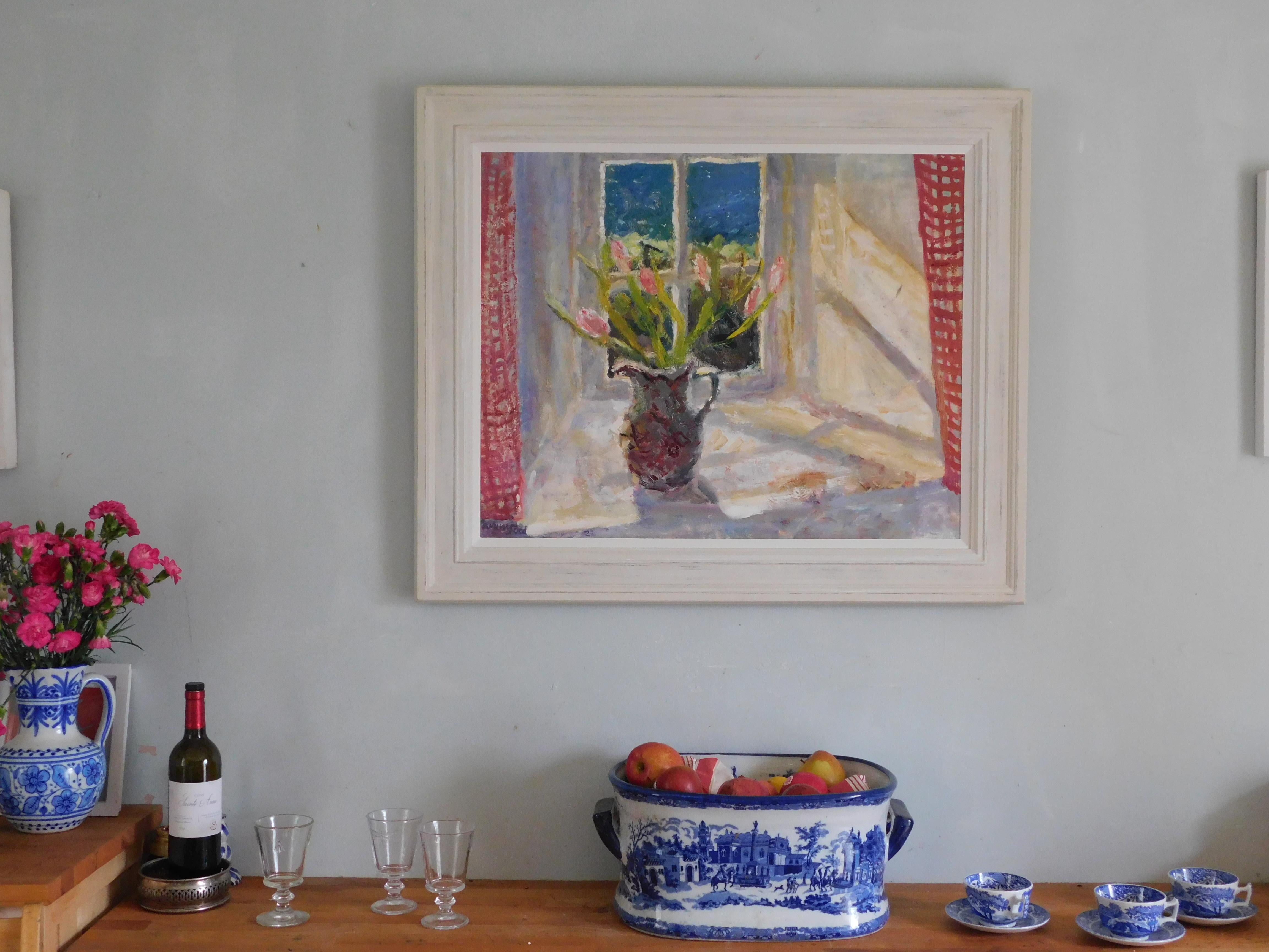 Seaward Window and Gingham Curtains. Contemporary Still Life Oil Painting For Sale 2