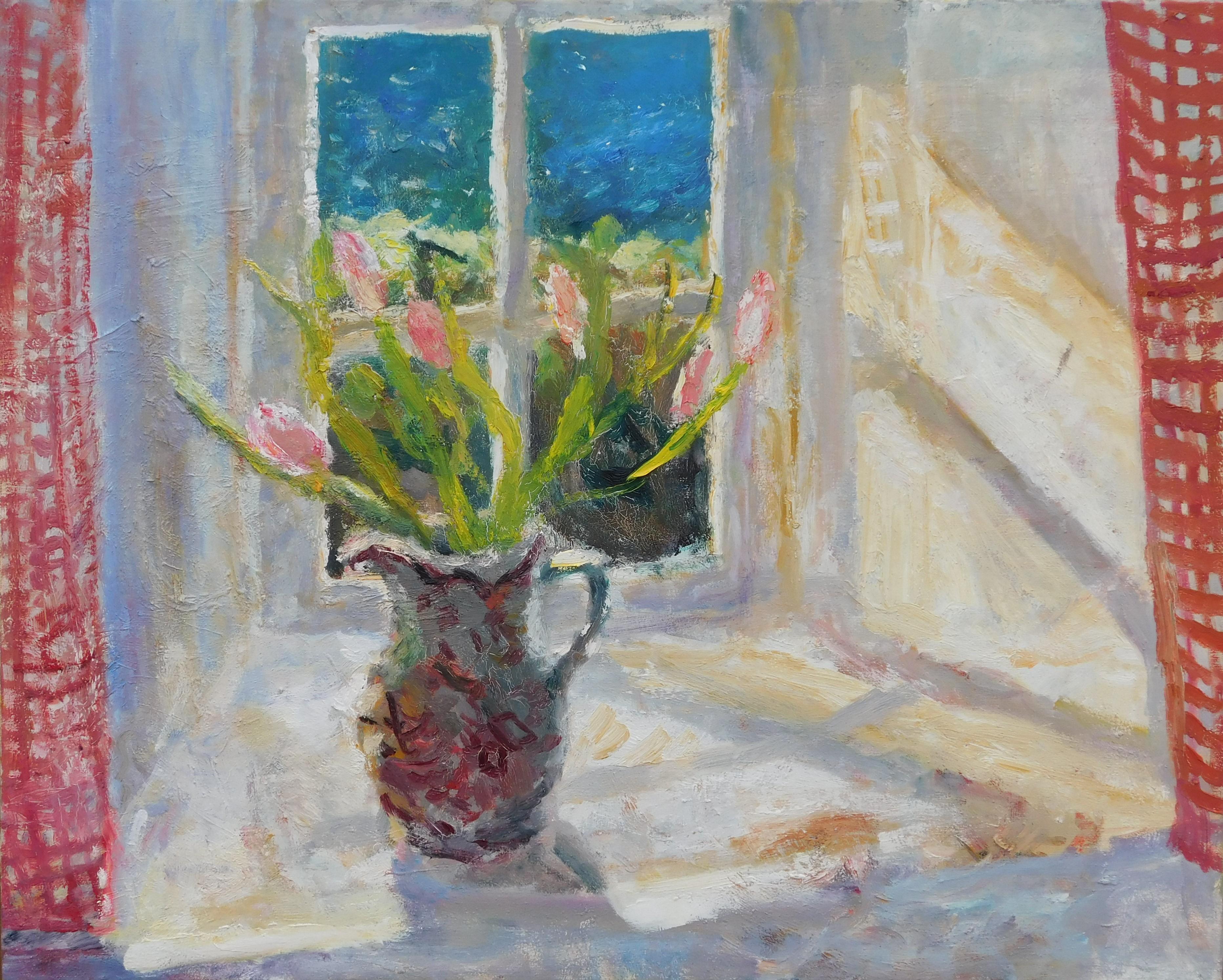 Alice Mumford Interior Painting – Seaward-Fenster und Gingham-Leuchten. Contemporary Still Life Ölgemälde