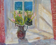 Seaward Window and Gingham Curtains. Contemporary Still Life Oil Painting
