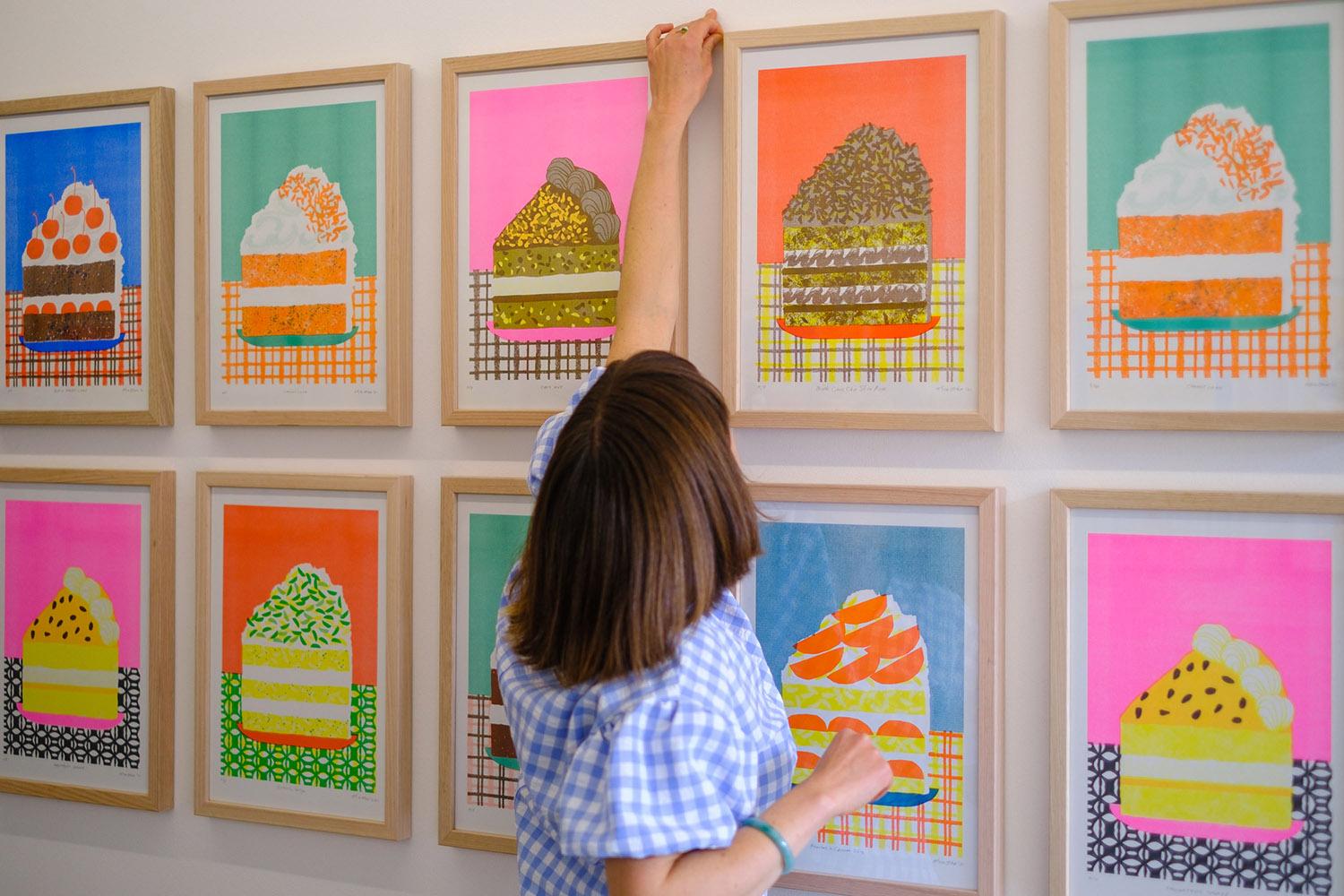 In this series Alice explores the graphic qualities of cakes and the romance of cake shops using a combination of printmaking techniques. Working with layered silkscreens, stencilling, risograph printing, stamping and collage, this new body of work