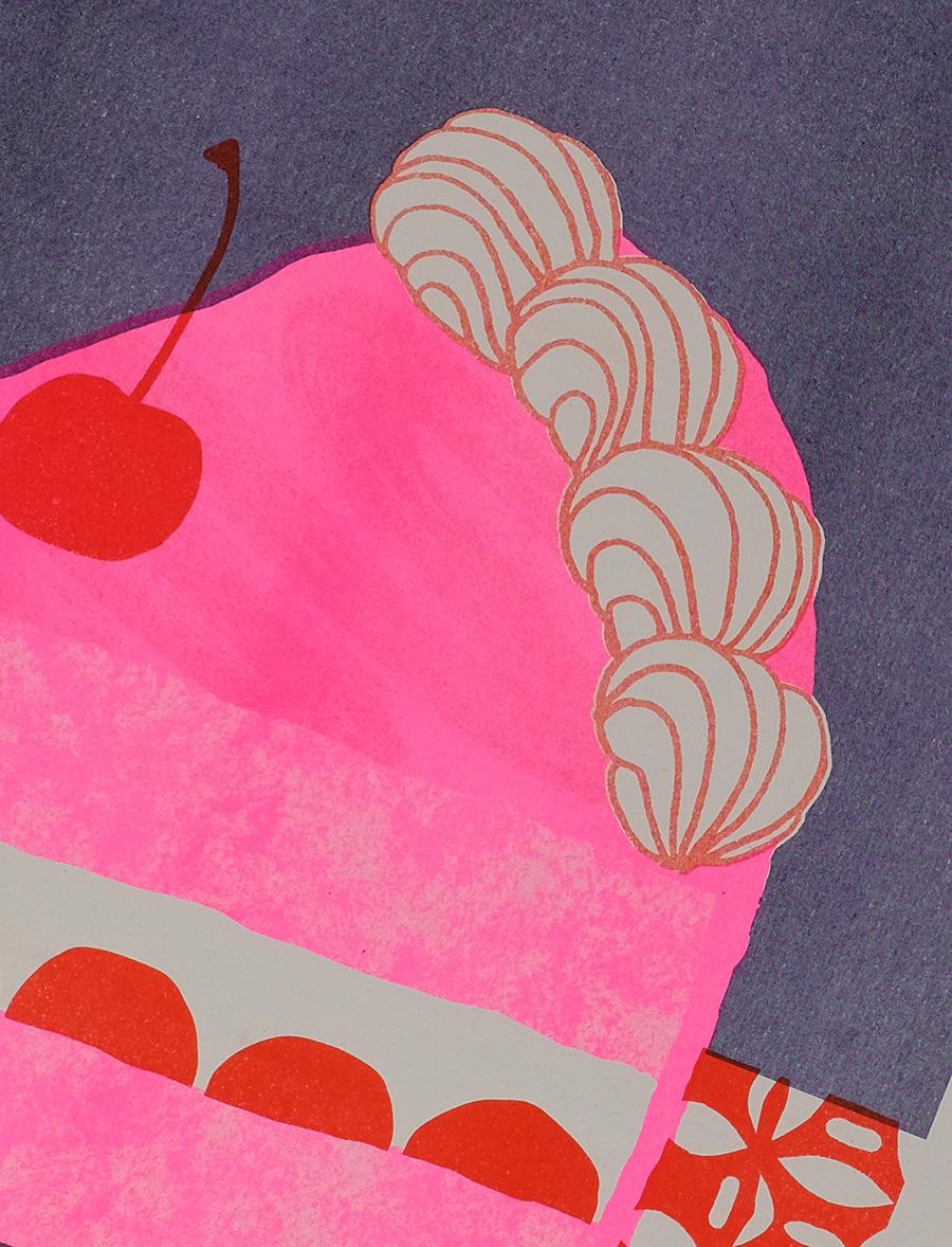 In this series Alice explores the graphic qualities of cakes and the romance of cake shops using a combination of printmaking techniques. Working with layered silkscreens, stencilling, risograph printing, stamping and collage, this new body of work