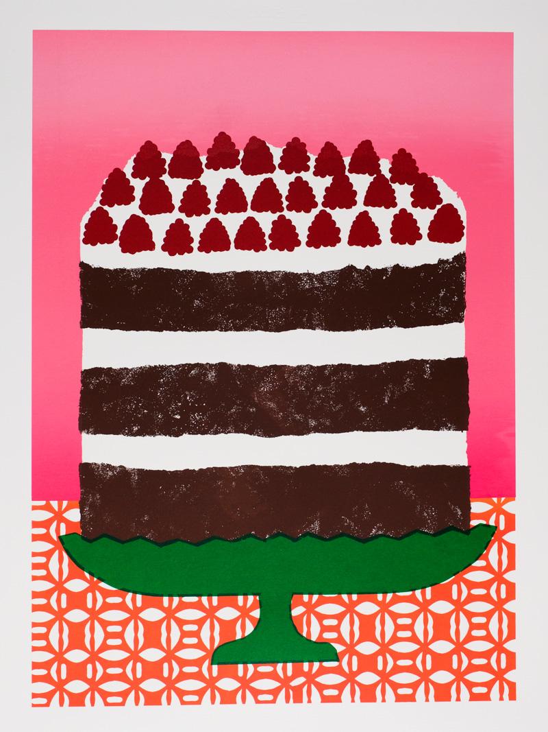 Alice Oehr Still-Life Print - Dark Chocolate Cake with Raspberries Screen Print