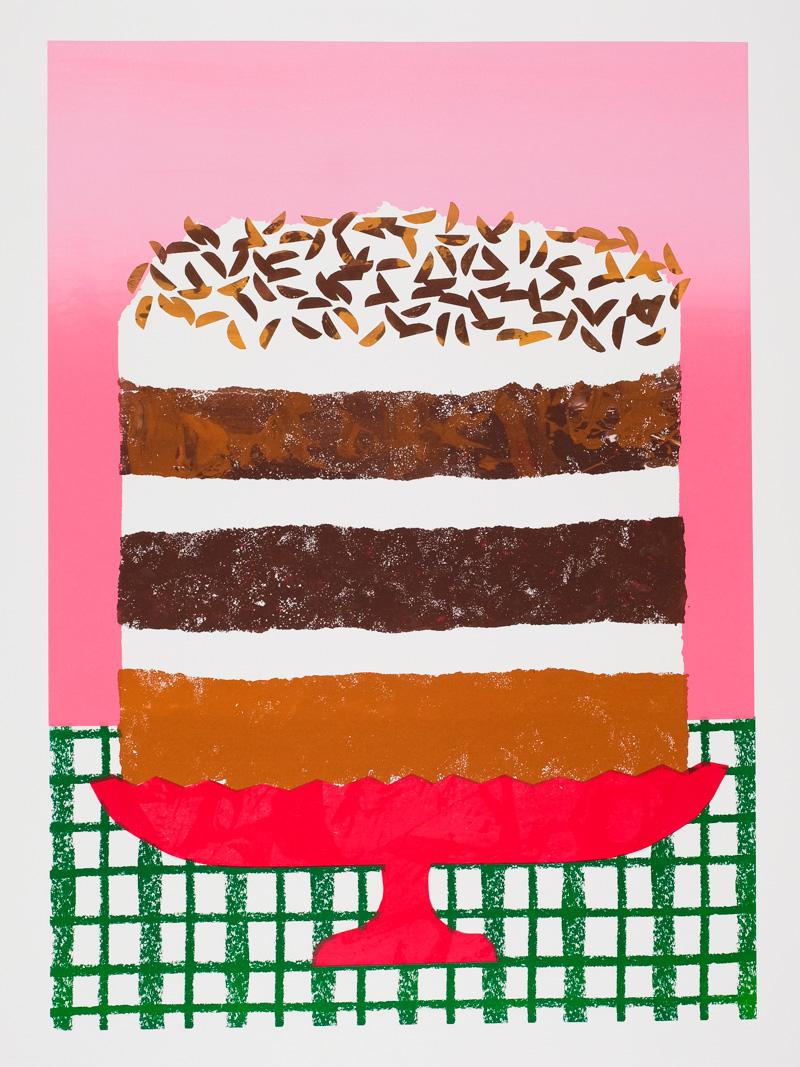 In this series Alice explores the graphic qualities of cakes and the romance of cake shops using a combination of printmaking techniques. Working with layered silkscreens, stencilling, risograph printing, stamping and collage, this new body of work