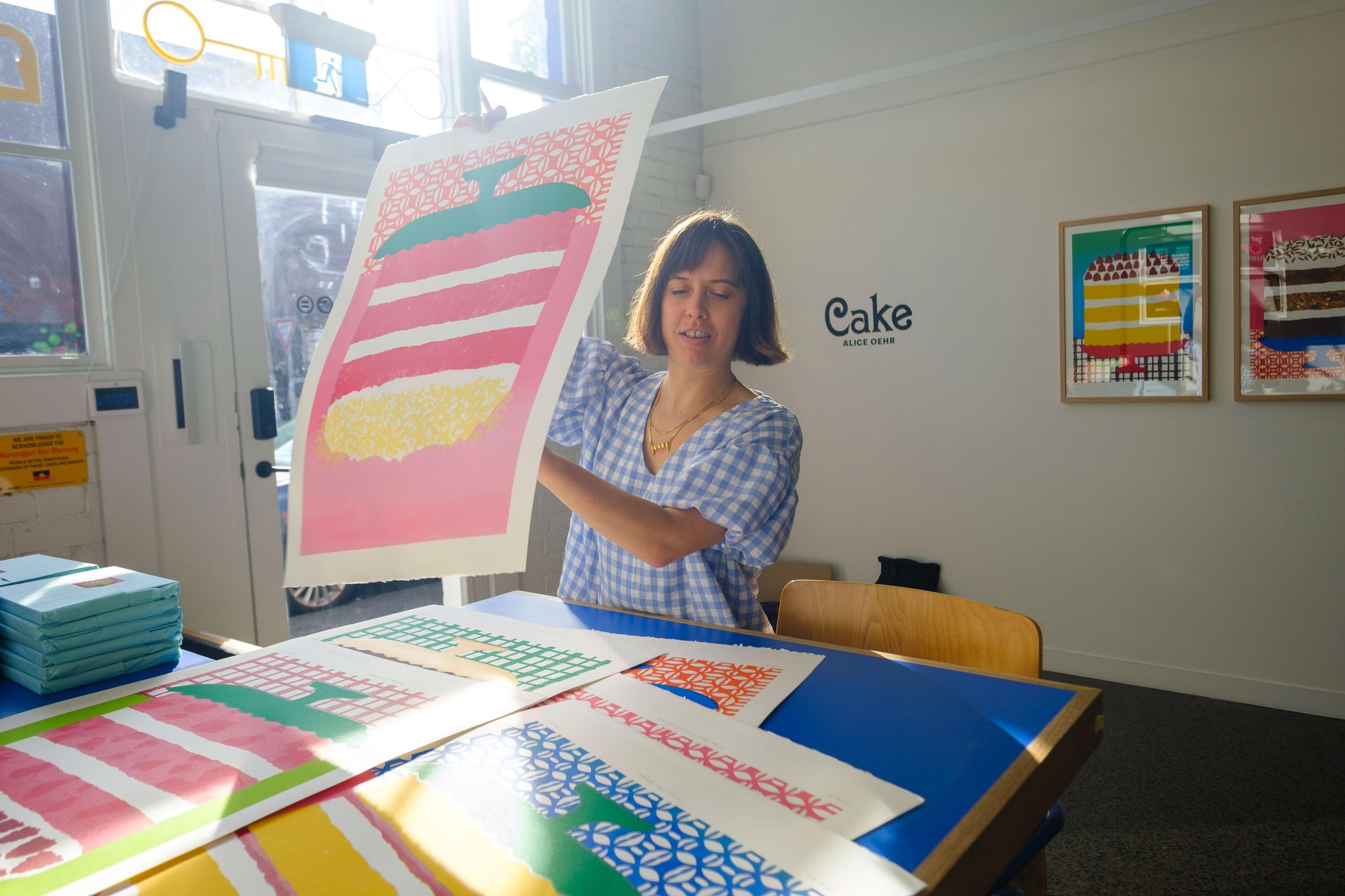 In this series Alice explores the graphic qualities of cakes and the romance of cake shops using a combination of printmaking techniques. Working with layered silkscreens, stencilling, risograph printing, stamping and collage, this new body of work