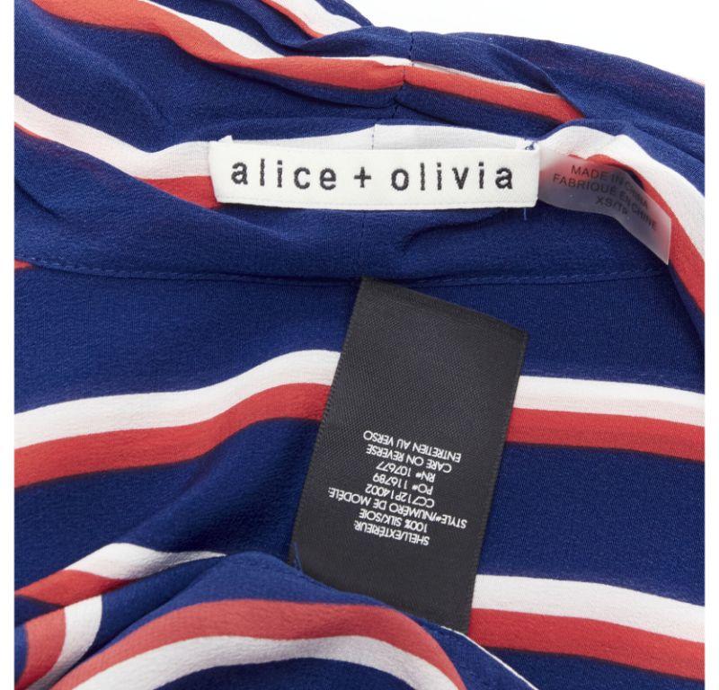 ALICE OLIVIA 100% silk blue red white striped pussybow blouse shirt XS 6