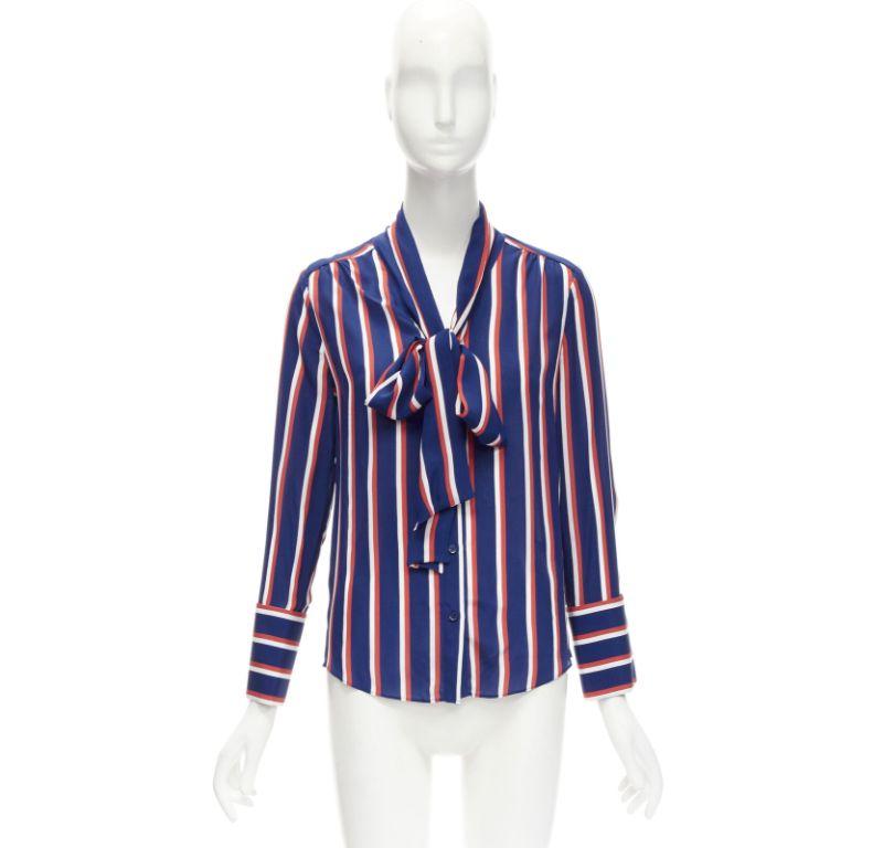 ALICE OLIVIA 100% silk blue red white striped pussybow blouse shirt XS 7