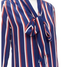 ALICE OLIVIA 100% seta blu, rosso, bianco, a strisce, camicia con gomitolo XS