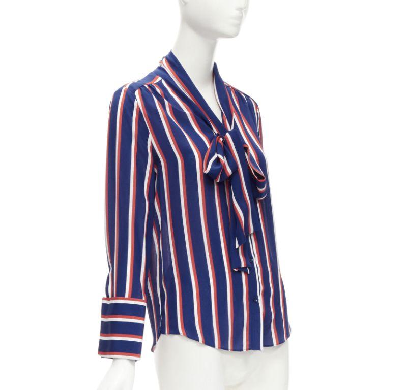 ALICE OLIVIA 100% silk blue red white striped pussybow blouse shirt XS In Excellent Condition In Hong Kong, NT