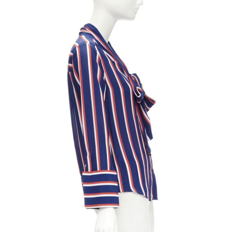 Women's ALICE OLIVIA 100% silk blue red white striped pussybow blouse shirt XS