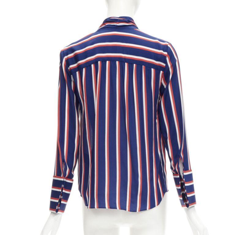 ALICE OLIVIA 100% silk blue red white striped pussybow blouse shirt XS 1