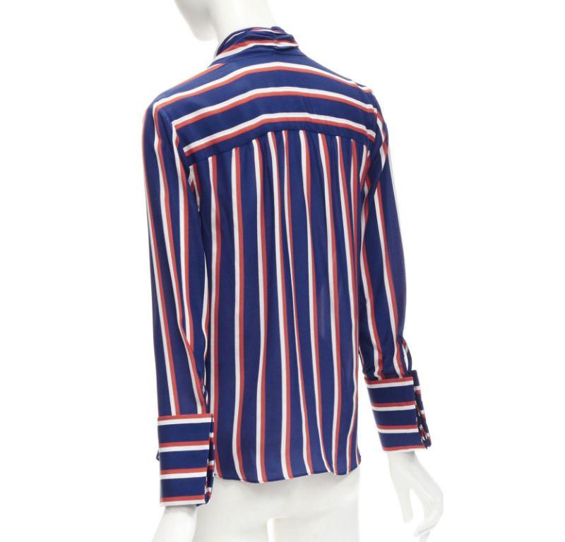 ALICE OLIVIA 100% silk blue red white striped pussybow blouse shirt XS 2