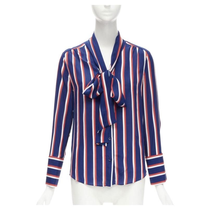 ALICE OLIVIA 100% silk blue red white striped pussybow blouse shirt XS