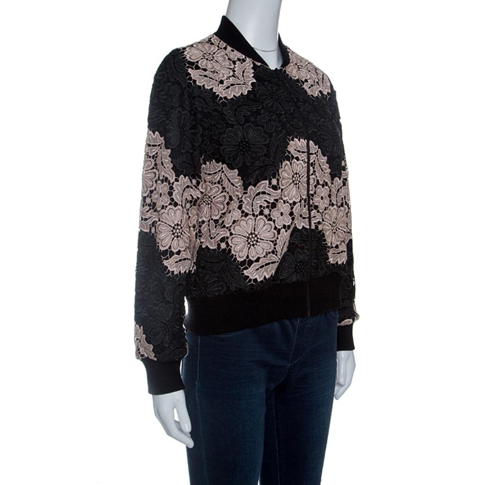 Alice + Olivia Black and Pink Floral Guipure Lace Felisa Bomber Jacket S In New Condition In Dubai, Al Qouz 2