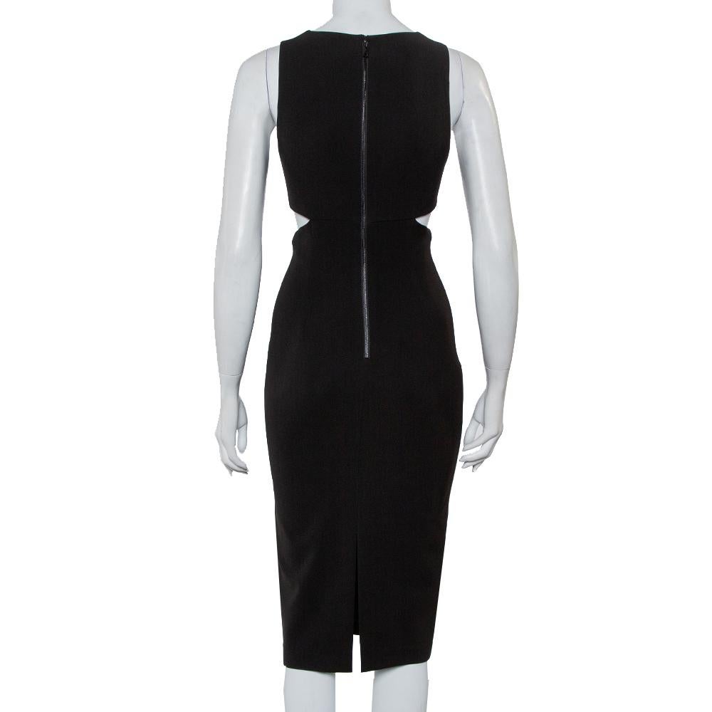 Alice + Olivia Black Crepe Cutout Detail Plunge Neck Riki Midi Dress XS In Good Condition In Dubai, Al Qouz 2