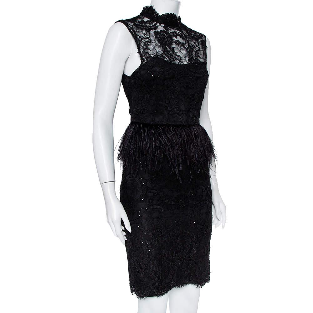 Alice Olivia Black Embellished Lace and Feather Trim Patricia Peplum Dress S For Sale at 1stDibs