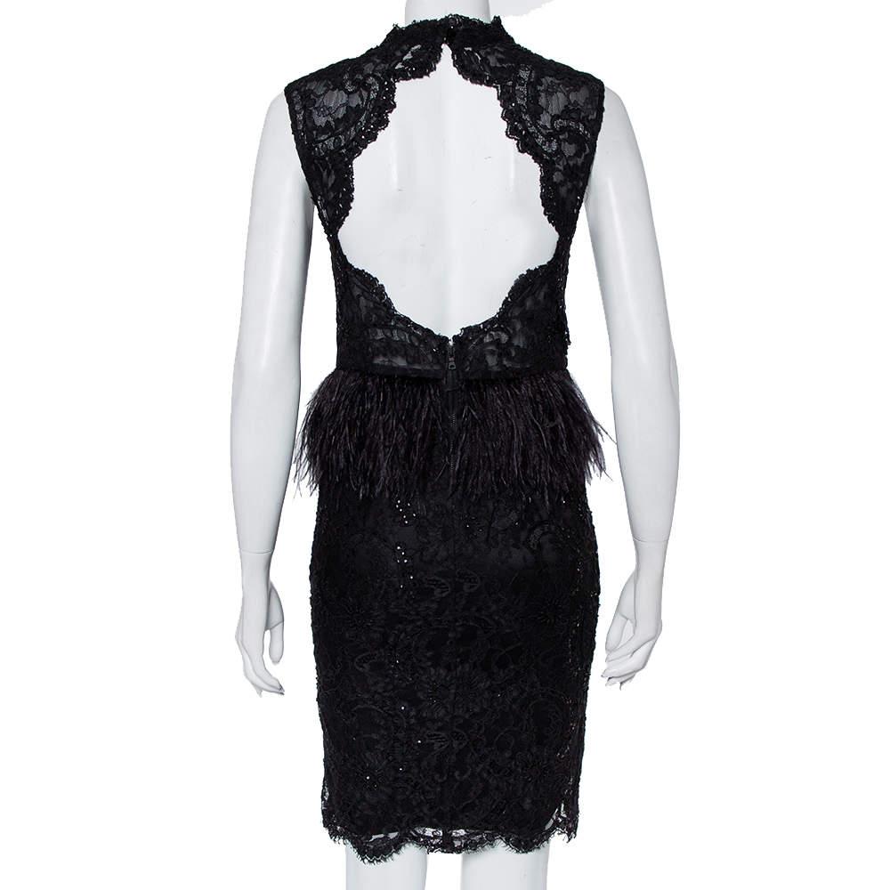 Alice + Olivia Black Embellished Lace & Feather Trim Patricia Peplum Dress S In Fair Condition In Dubai, Al Qouz 2