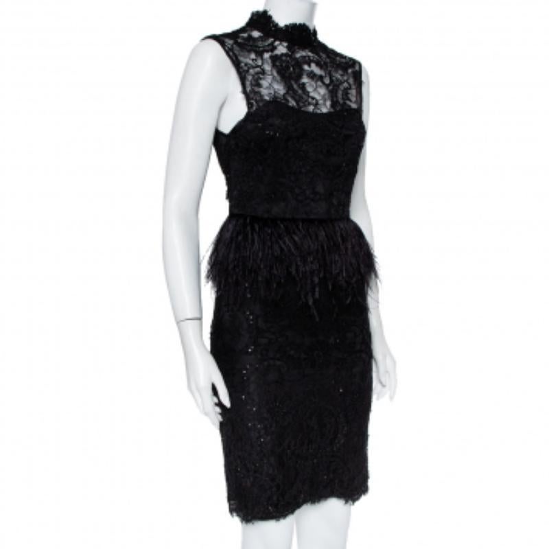 Women's Alice + Olivia Black Embellished Lace & Feather Trim Patricia Peplum Dress S For Sale
