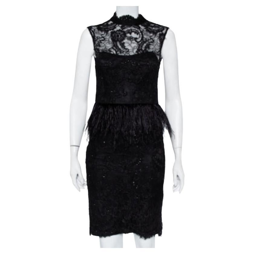 Alice + Olivia Black Embellished Lace & Feather Trim Patricia Peplum Dress S For Sale