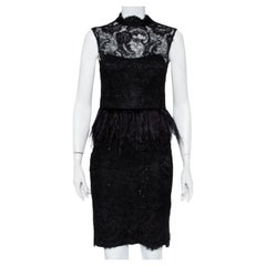Alice + Olivia Black Embellished Lace & Feather Trim Patricia Peplum Dress S