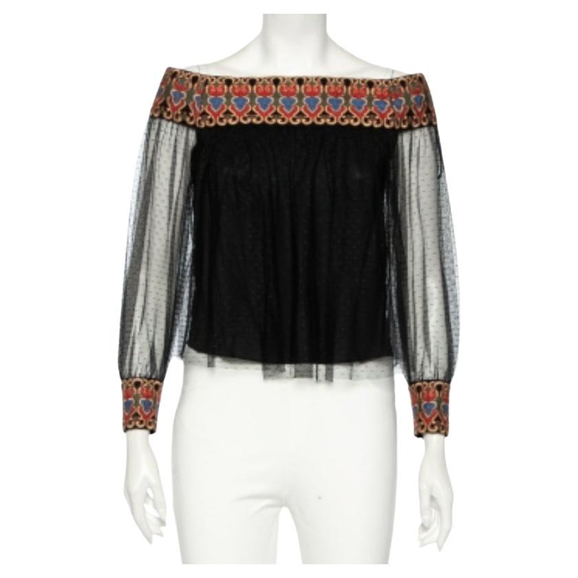Alice + Olivia Schwarze schulterfreie Bluse aus besticktem Tüll XS