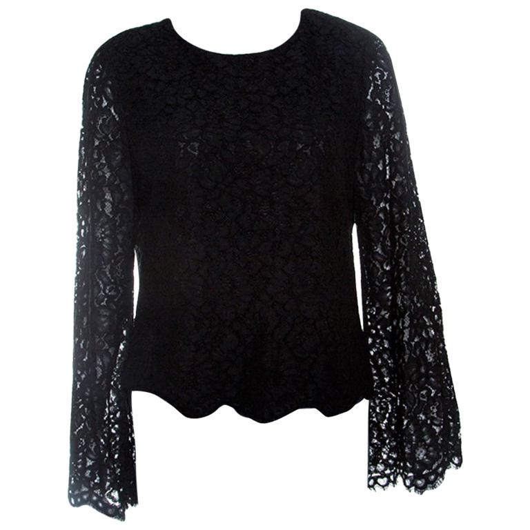 Alice + Olivia Black Floral Lace Bell Sleeve Pasha Crop Top L