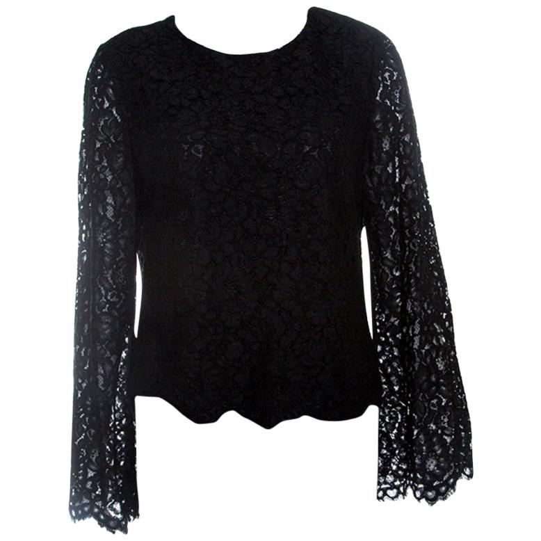 Alice + Olivia Black Floral Lace Bell Sleeve Pasha Crop Top M