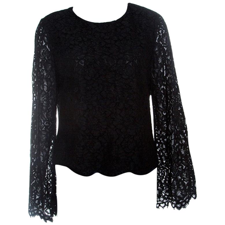 Alice + Olivia Black Floral Lace Bell Sleeve Pasha Crop Top S