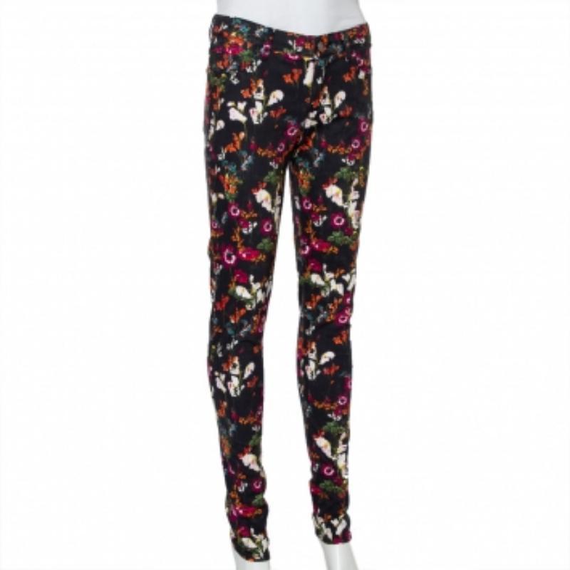 Women's Alice + Olivia Black Floral Printed Denim Skinny Fit Jeans S For Sale