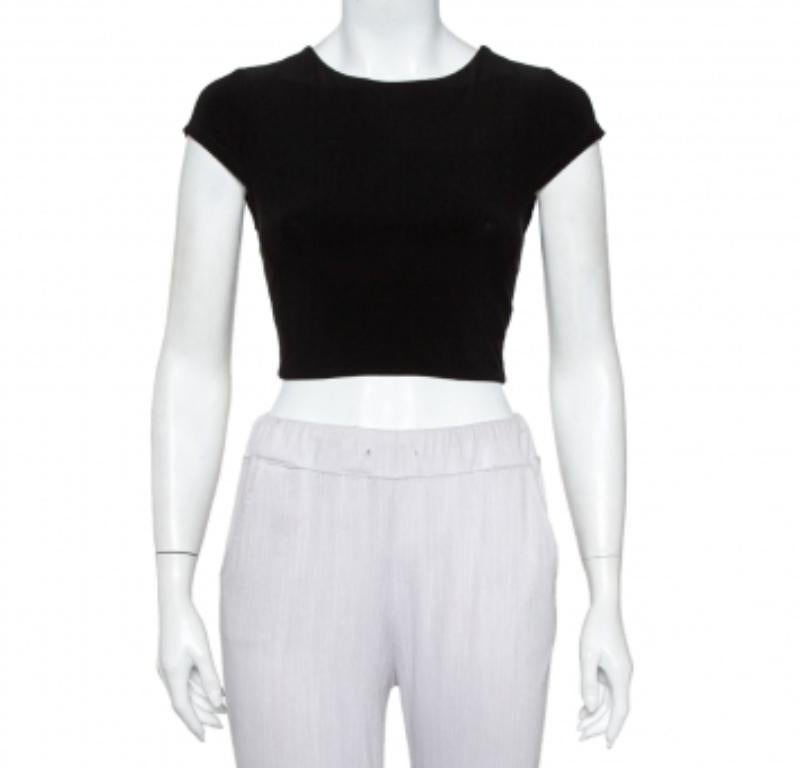 Alice + Olivia Black Knit Back Open Detail Short Sleeve Crop Top XS For Sale